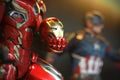 Close up shot Mask In hand of Ironman in AVENGERS superheros figure in action