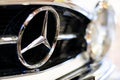 Close up shot of Mercedes brand cars emblem