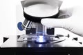 Close up shot of microscope at the blood laboratory Royalty Free Stock Photo