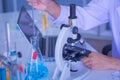 Close-up shot of microscopes and hand Man scientists are testing research with tubes