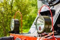 Close up shot of military vehicles' headlights