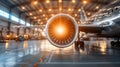 Close-up shot of a modern airplane engine in an illuminated hangar, symbolizing advanced aviation technology and maintenance Royalty Free Stock Photo