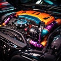 Close-up shot of a modified engine bay with vibrant colors