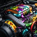 Close-up shot of a modified engine bay with vibrant colors