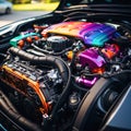 Close-up shot of a modified engine bay with vibrant colors