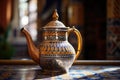 a close-up shot of a moroccan tea pot with traditional design elements Royalty Free Stock Photo