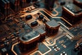 A close-up shot of motherboard components printed on a green circuit board with intricate soldering capture the Royalty Free Stock Photo