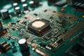 Close-up shot motherboard components printed on green circuit board with intricate soldering capture technological Royalty Free Stock Photo