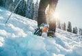 Close up shot of mountain boots with crampons and snow gaiters with backlight sun beams and snowy spruces on background . High Royalty Free Stock Photo