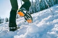 Close up shot of mountain boots with crampons and snow gaiters with snowy spruces on the background . High mountaineer pounding