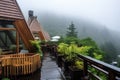 close-up shot of a mountain lodge rooftop under the rain