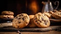 Close-up shot of mouthwatering Chocolate Chip Cookies displayed on wood. Generative AI Royalty Free Stock Photo