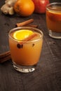 Mulled Wassail Cider with cinnamon sticks with fruit and ginger close up shot Royalty Free Stock Photo