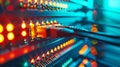 A close-up shot of a network hub with cables connected, displaying a vibrant pattern of red, orange, and blue lights Royalty Free Stock Photo
