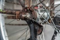 Close-up shot of old bicycle rear wheel. Royalty Free Stock Photo