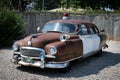 Close-up shot of an old classic police car in sunlight