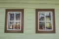 Close up shot of old wooden hut window.Vlkolinec,traditional settlement village in the mountains. Royalty Free Stock Photo