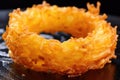 close-up shot of an onion ring showing the shiny golden crust