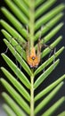 Close-up shot of an orange striped lynx spider on a green leaf Royalty Free Stock Photo