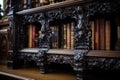 close-up shot of an ornate carved victorian wooden bookcase