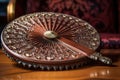 close-up shot of an ornate, vintage hand fan on a mahogany table