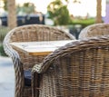 Close up shot of outdoors wicker furniture. Cafe Royalty Free Stock Photo