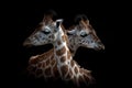 Close-up shot of a pair of giraffes in the dark background