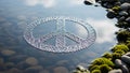 String art peace sign floating on water with stones and moss Royalty Free Stock Photo