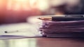 Close up shot of pen on stack of papers documents Royalty Free Stock Photo