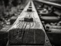 Black and white photo of an old railroad track. Shallow depth of field.