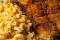 Close-up shot of a perfectly cooked and seasoned fried catfish steak with grill marks, served with a side of mac and cheese Royalty Free Stock Photo