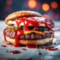 a close-up shot of a perfectly grilled hamburger oozing with ketchup