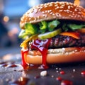 a close-up shot of a perfectly grilled hamburger oozing with ketchup