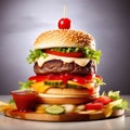 a close-up shot of a perfectly grilled hamburger oozing with ketchup