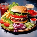 a close-up shot of a perfectly grilled hamburger oozing with ketchup