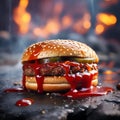 a close-up shot of a perfectly grilled hamburger oozing with ketchup