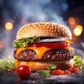 a close-up shot of a perfectly grilled hamburger oozing with ketchup