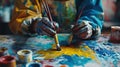 A close-up shot of a person painting on a canvas, with an array of colorful paints Generative AI Illustration
