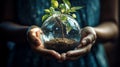 A close-up shot of a person\'s hands holding a globe with tree saplings growing, AI-Generated