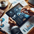 Business professional analyzing financial data on a tablet with charts and graphs Royalty Free Stock Photo