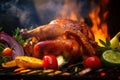 A tight shot of a chicken piece sizzling on the barbecue