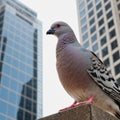 A close-up shot of a pigeon perched on a randomly city skyscraper