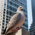 A close-up shot of a pigeon perched on a randomly city skyscraper