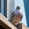 A close-up shot of a pigeon perched on a randomly city skyscraper Royalty Free Stock Photo