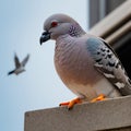 A close-up shot of a pigeon perched on a randomly city skyscraper Royalty Free Stock Photo