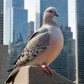 A close-up shot of a pigeon perched on a randomly city skyscraper