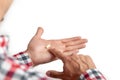 Pill in man`s hand on white background Royalty Free Stock Photo