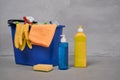Close up shot of plastic bucket with cleaning supplies and bottles with detergents standing on the floor against grey Royalty Free Stock Photo
