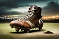 A close-up shot of a player\'s well-worn rugby boots, covered in mud and grass stains from a hard-fought match