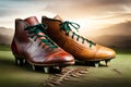 A close-up shot of a player\'s well-worn rugby boots, covered in mud and grass stains from a hard-fought match